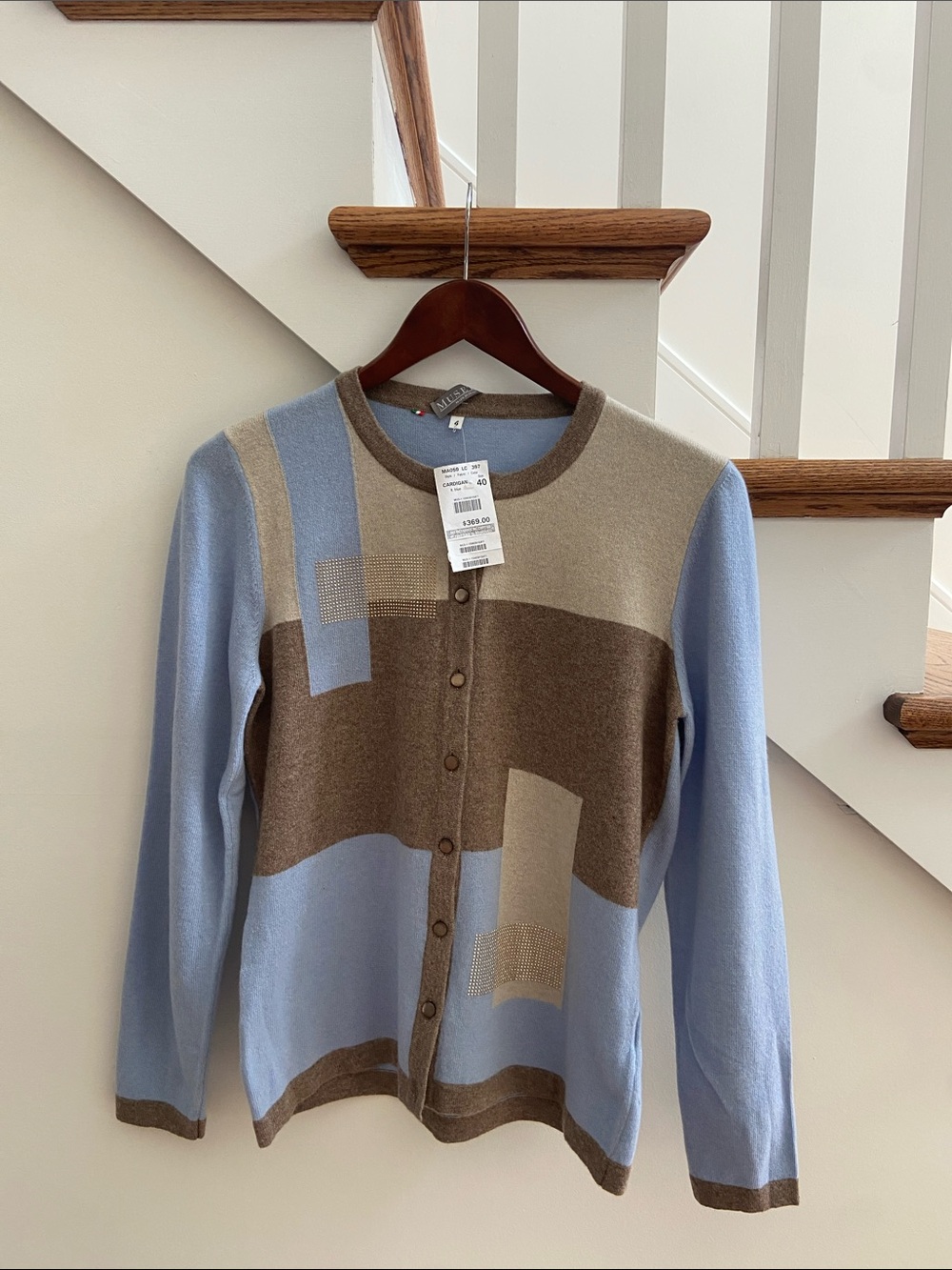Light Blue and Brown Geometric Button-Front Cardigan Sweater